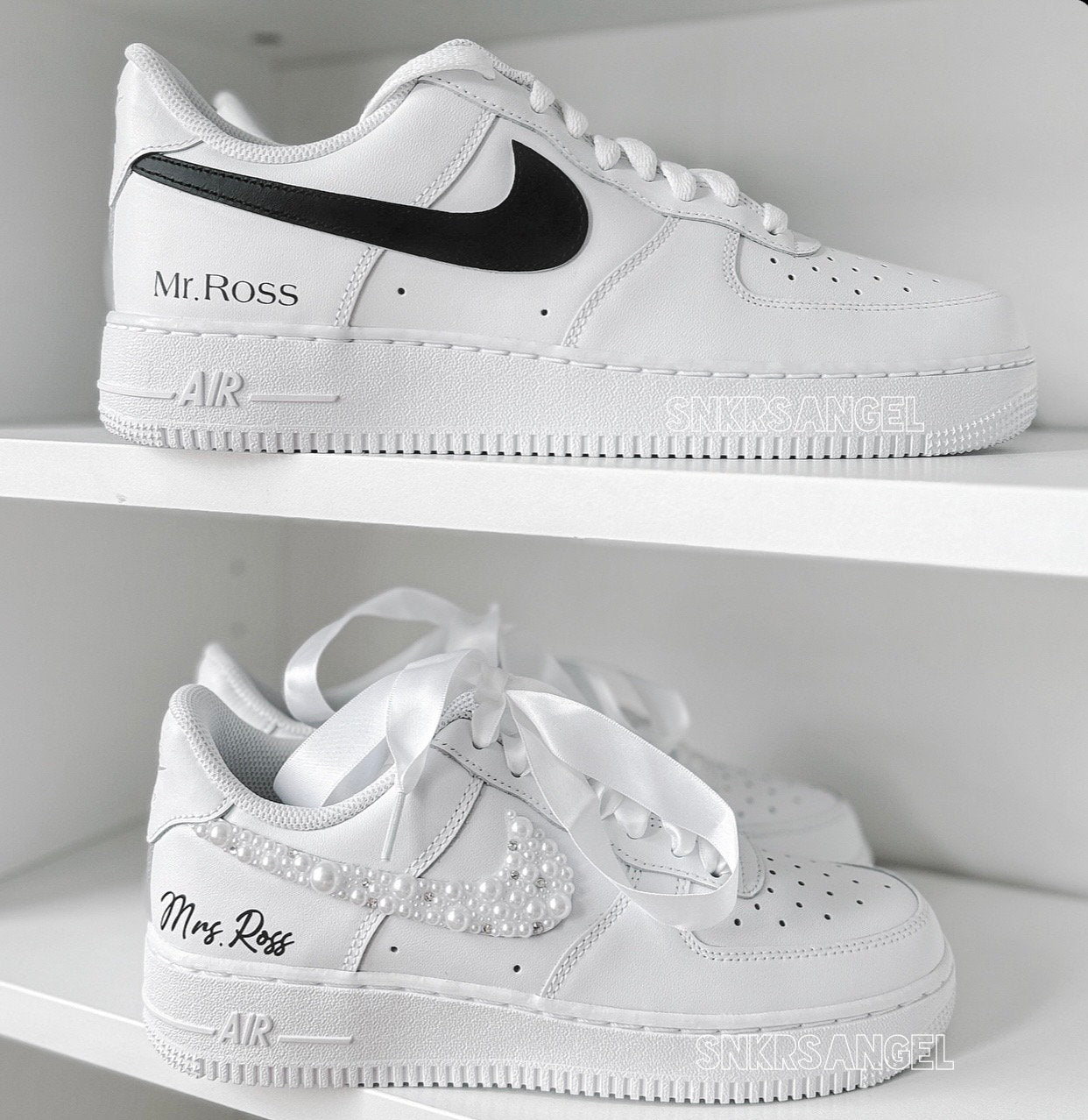 Mr & Mrs AF1 Set – Swarovski Pearl Wedding Couple Sneakers