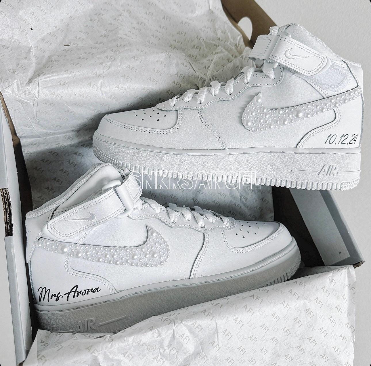 Bridal AF1 Mid – Custom White Pearl Bling Sneakers