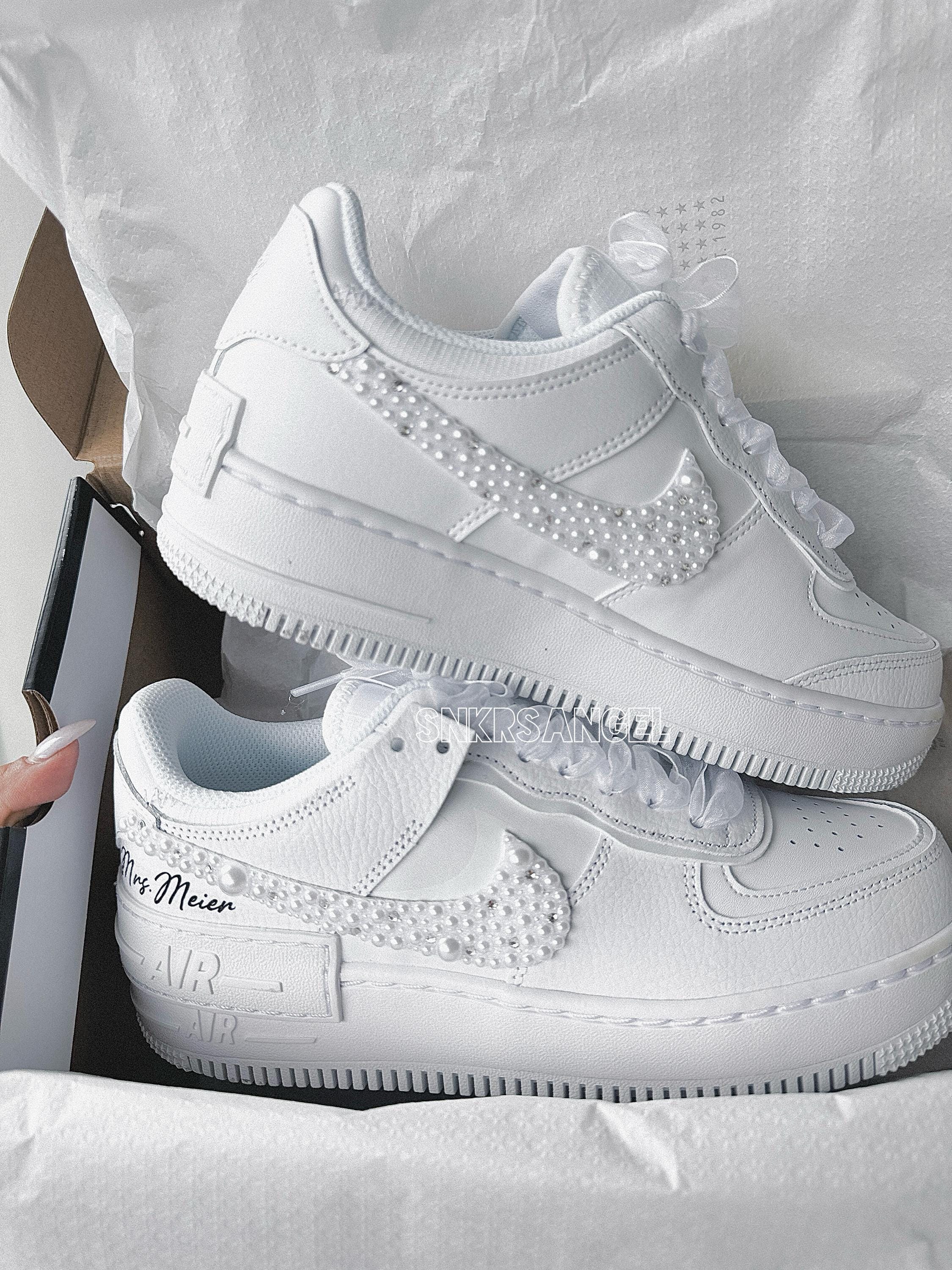 Custom Bridal AF1 Shadow – Pearl & Crystal Bling Sneakers