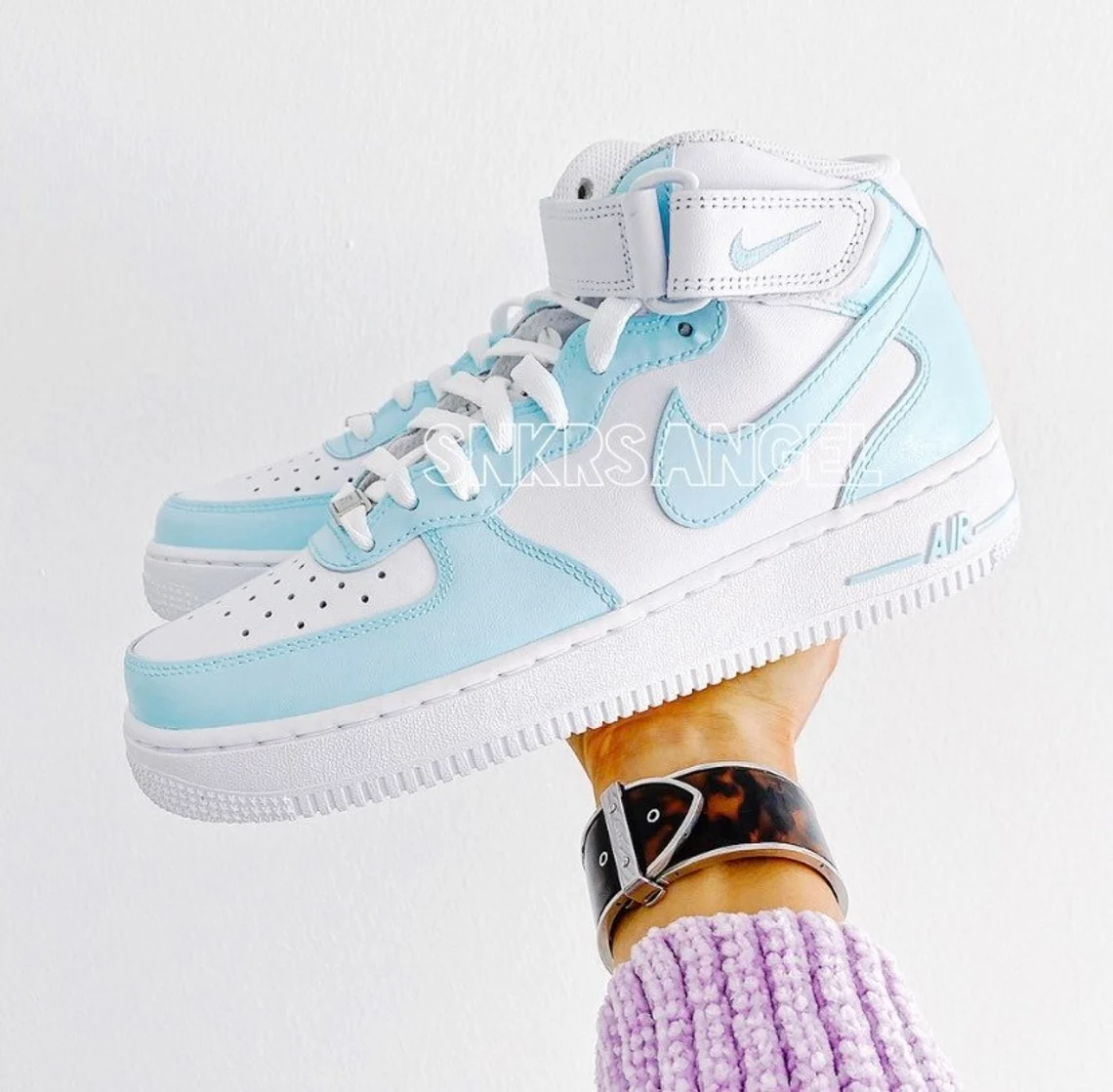 Light Baby Blue and Black Custom Air Force 1 Low/Mid/High Sneakers Mid / 14 M / 15.5 W