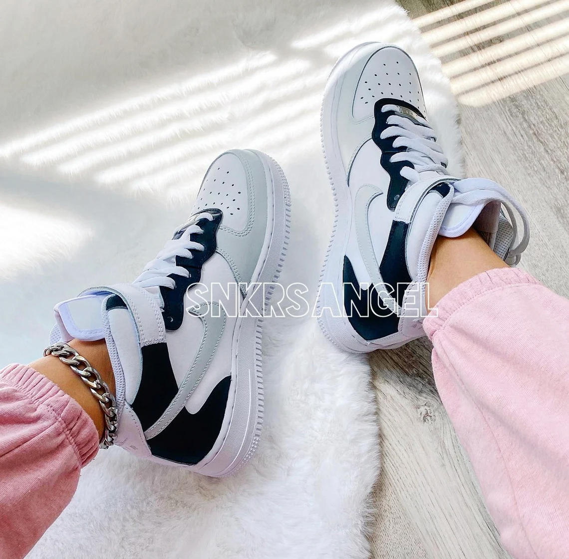 Custom air force 1 mid sneakers black gray mismatch snkrsangel