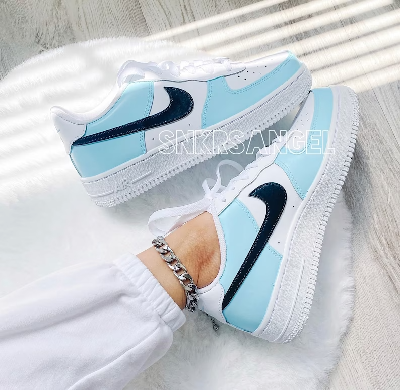 Air Force 1 Low custom nike shoes baby blue with black swoosh