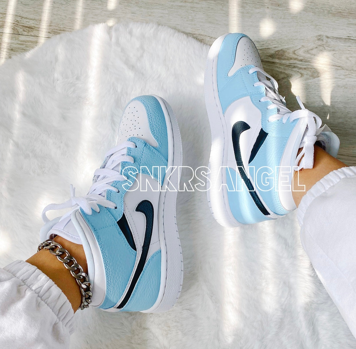 University Blue Custom Air Jordan 1 Mid sneakers black swoosh