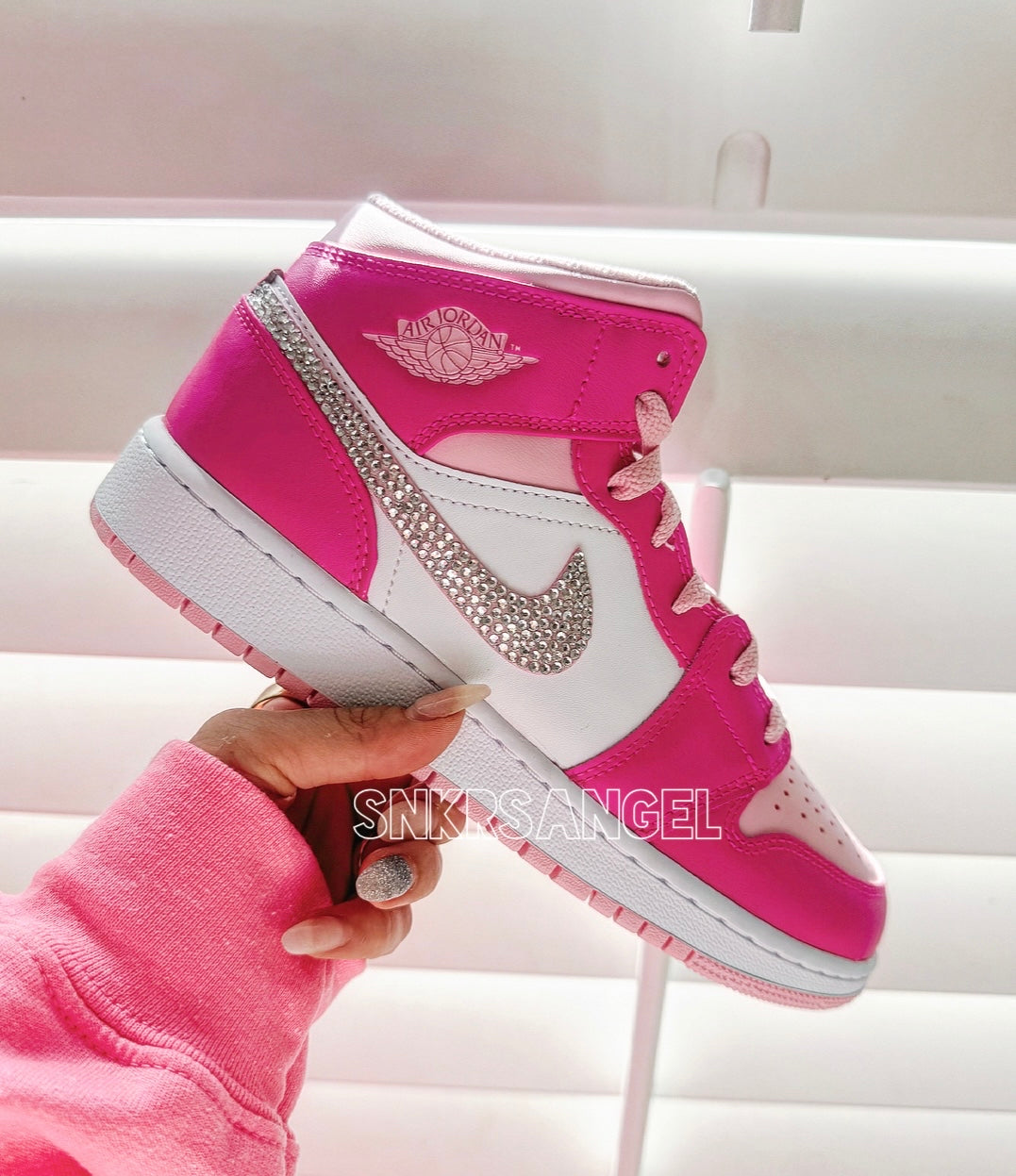 Custom nike air jordan 1 mid barbie pink hot pink rhinestones crystal sneakers