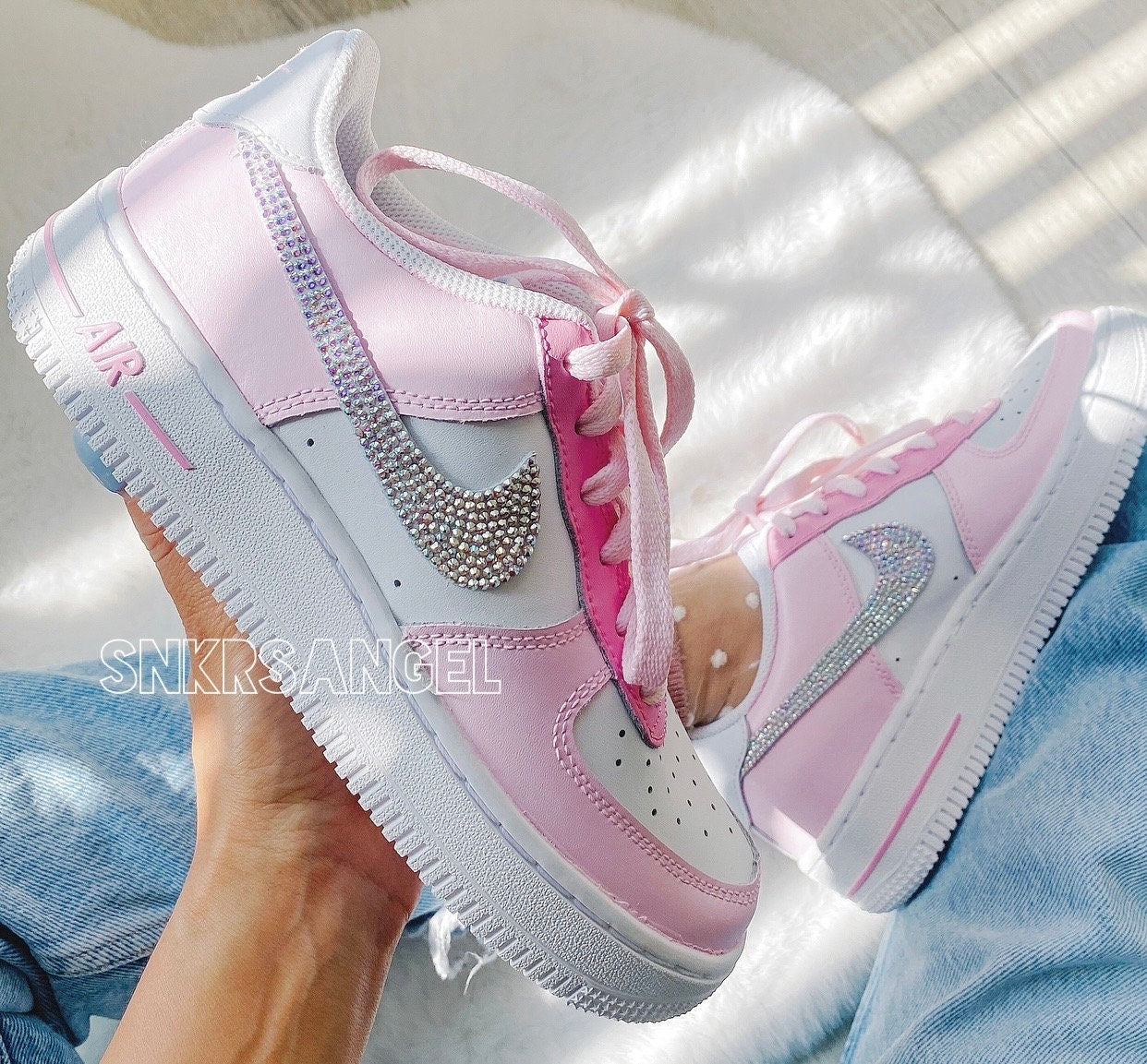 Nike Air Force 1 Low Custom Baby Pink, Rhinestones Crystals Bling Sneakers