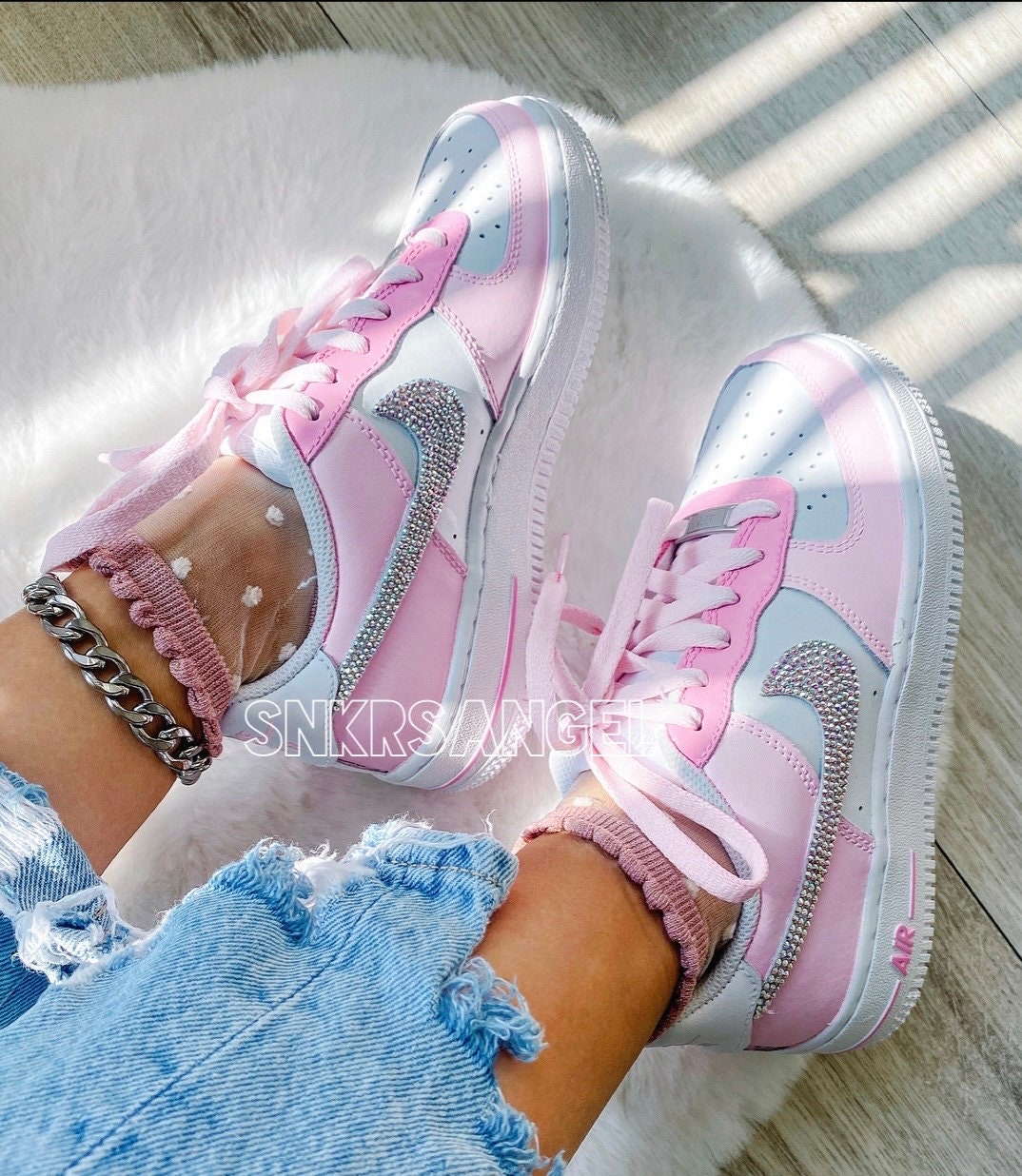 Nike Air Force 1 Low Custom Baby Pink, Rhinestones Crystals Bling Sneakers