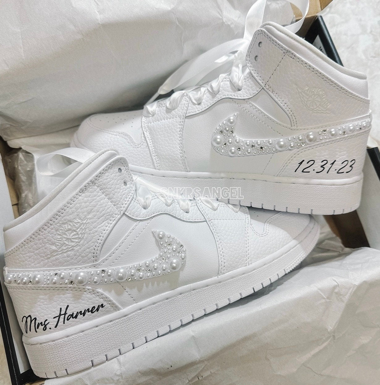 Custom Bride Jordan 1 – White Pearl Bling Sneakers