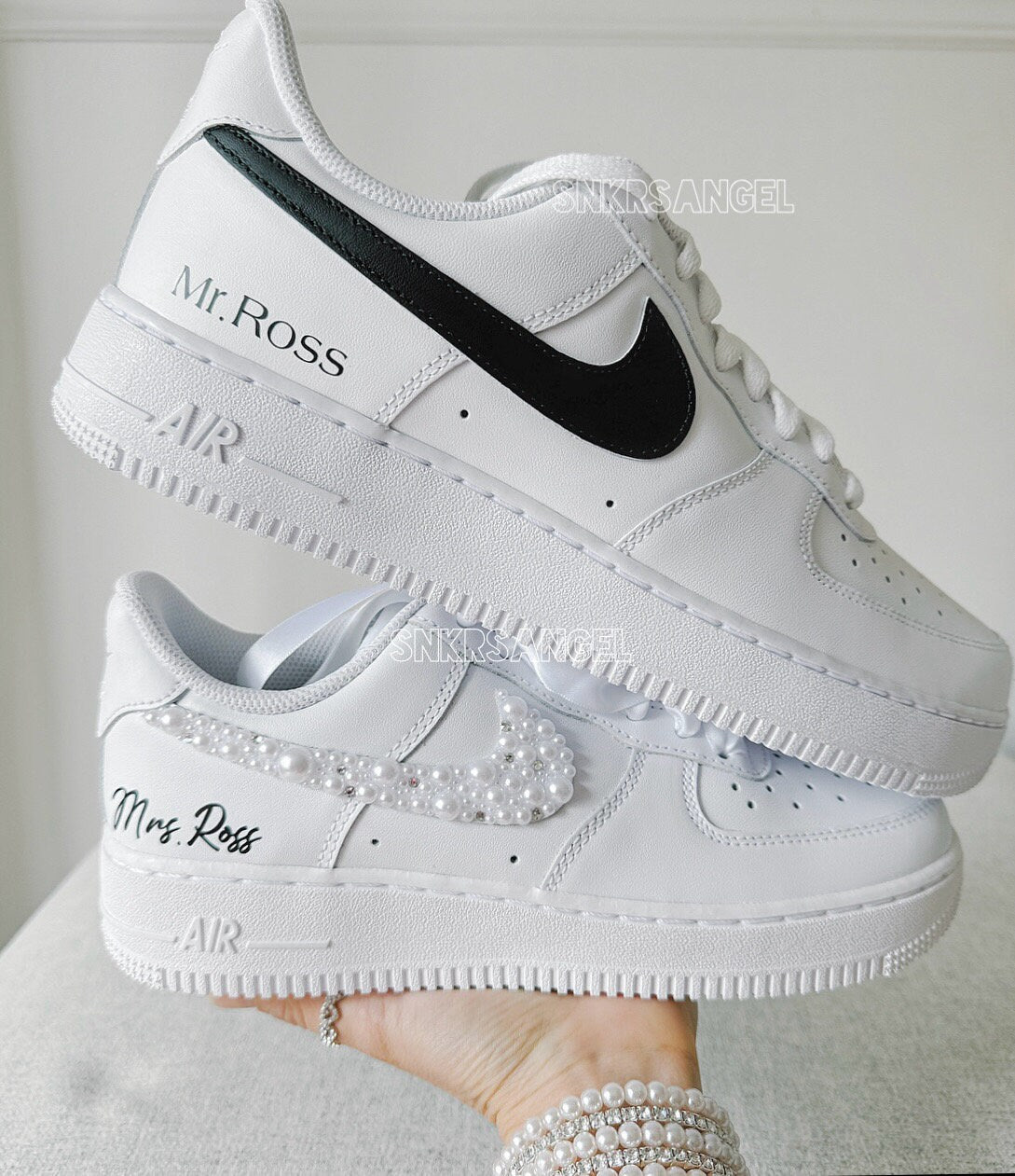 Mr & Mrs AF1 Set – Swarovski Pearl Wedding Couple Sneakers