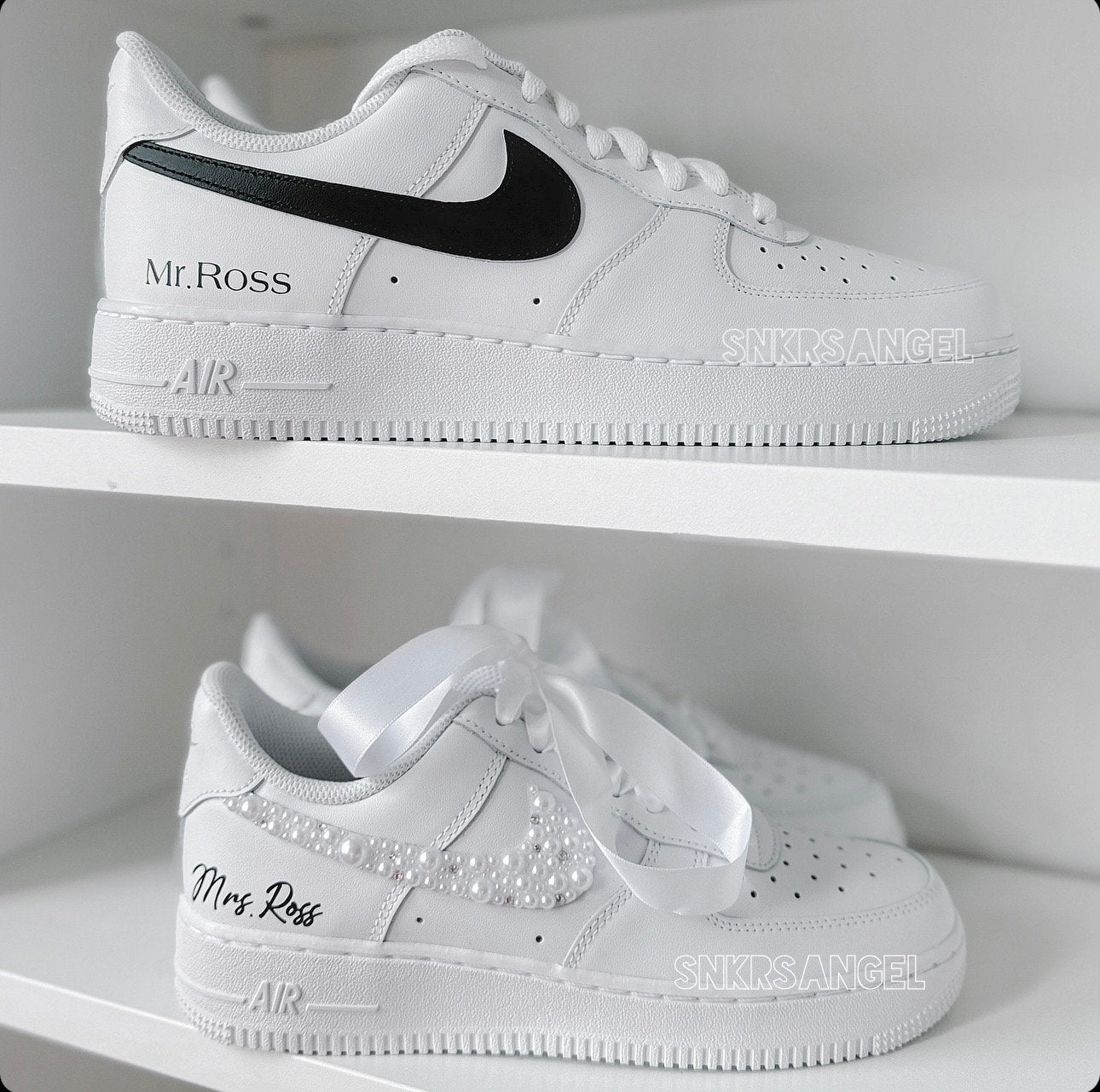 Mr & Mrs AF1 Set – Swarovski Pearl Wedding Couple Sneakers
