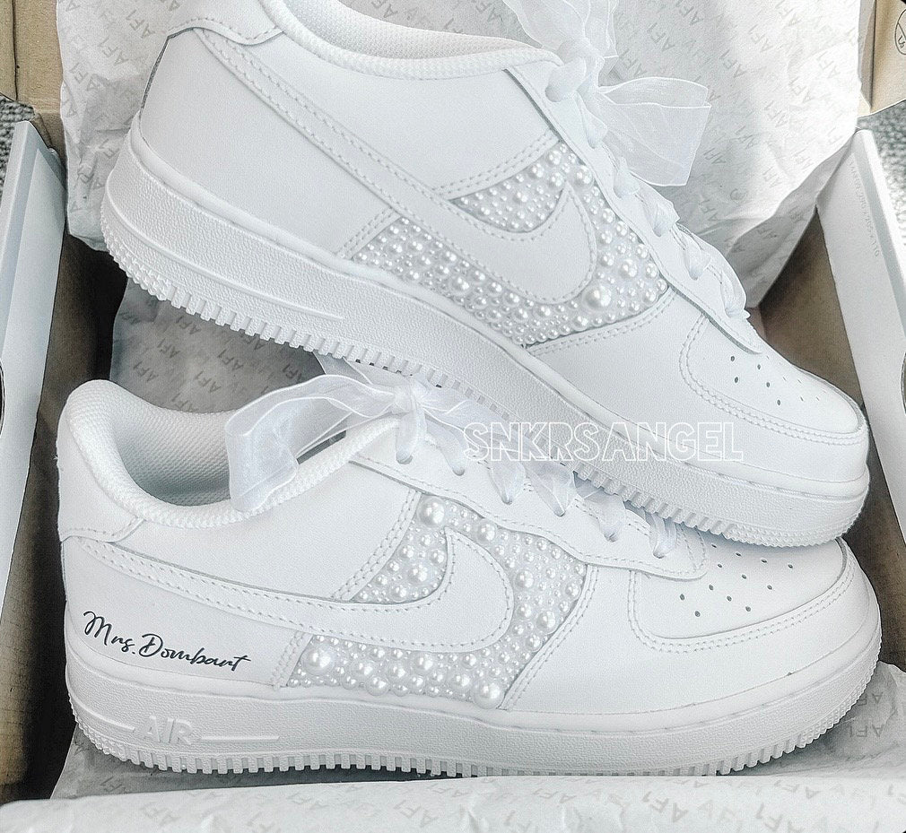 Bling Wedding Bride Personalized Sneakers Pearl Air Force 1 Nike Shoes