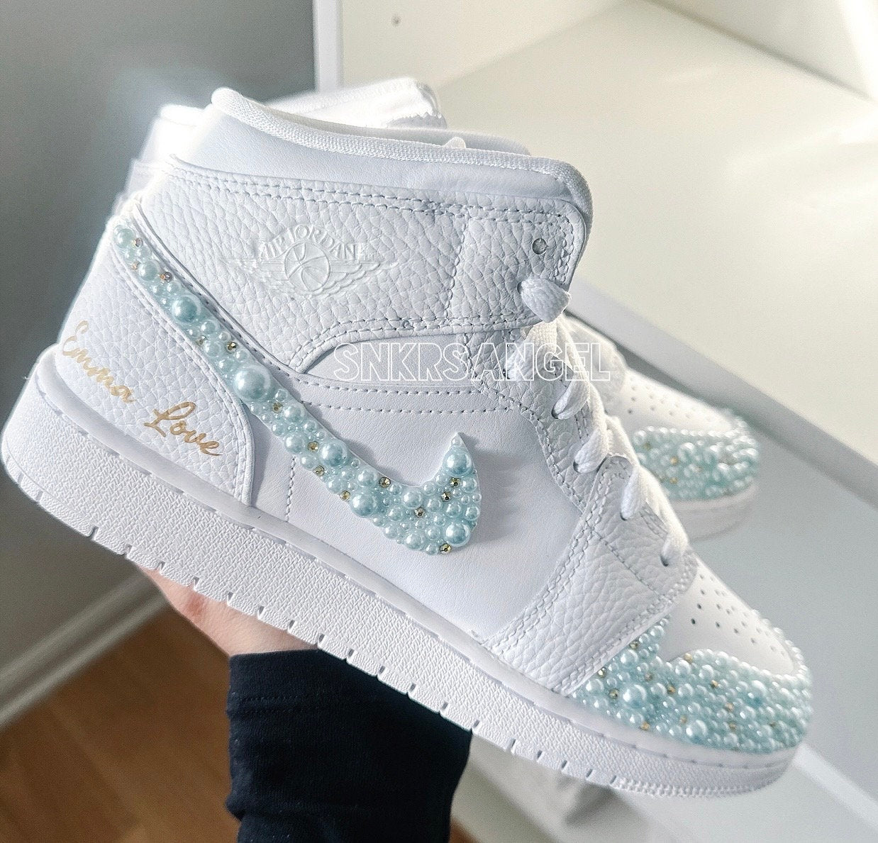 Custom Bride Jordan 1 – Pearl & Gold Crystal Wedding Shoes
