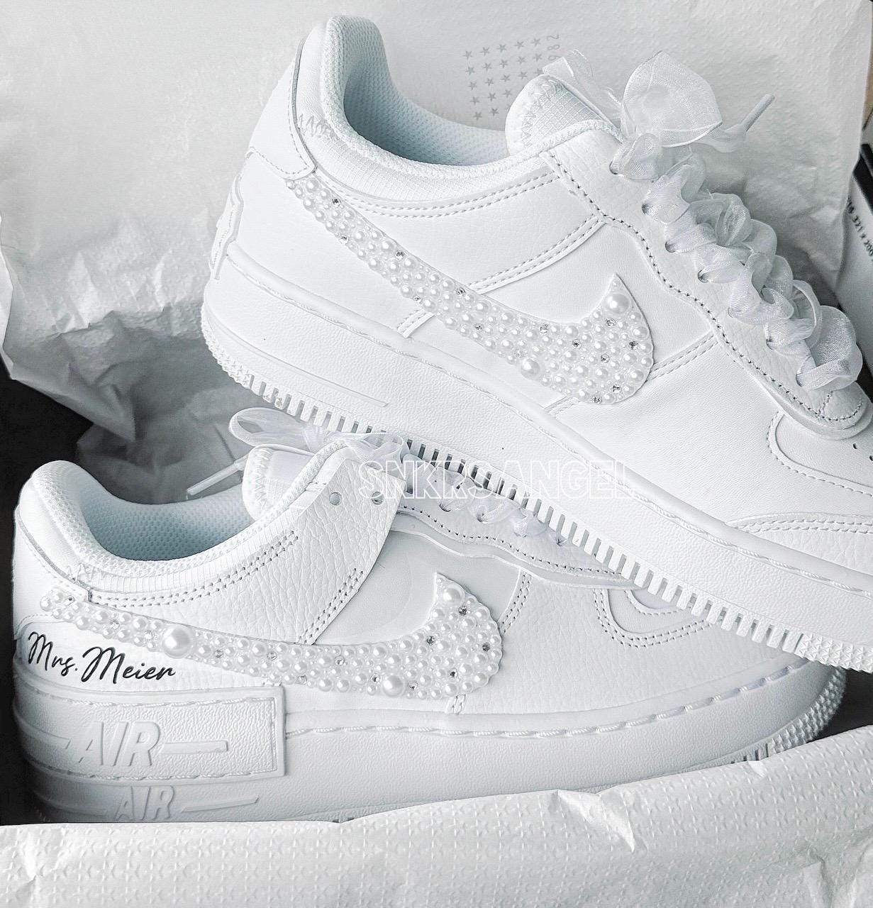 Custom Bridal AF1 Shadow – Pearl & Crystal Bling Sneakers