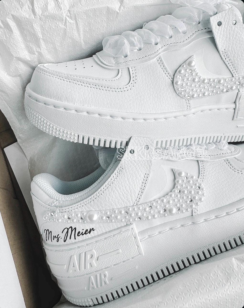 Custom Bridal AF1 Shadow – Pearl & Crystal Bling Sneakers