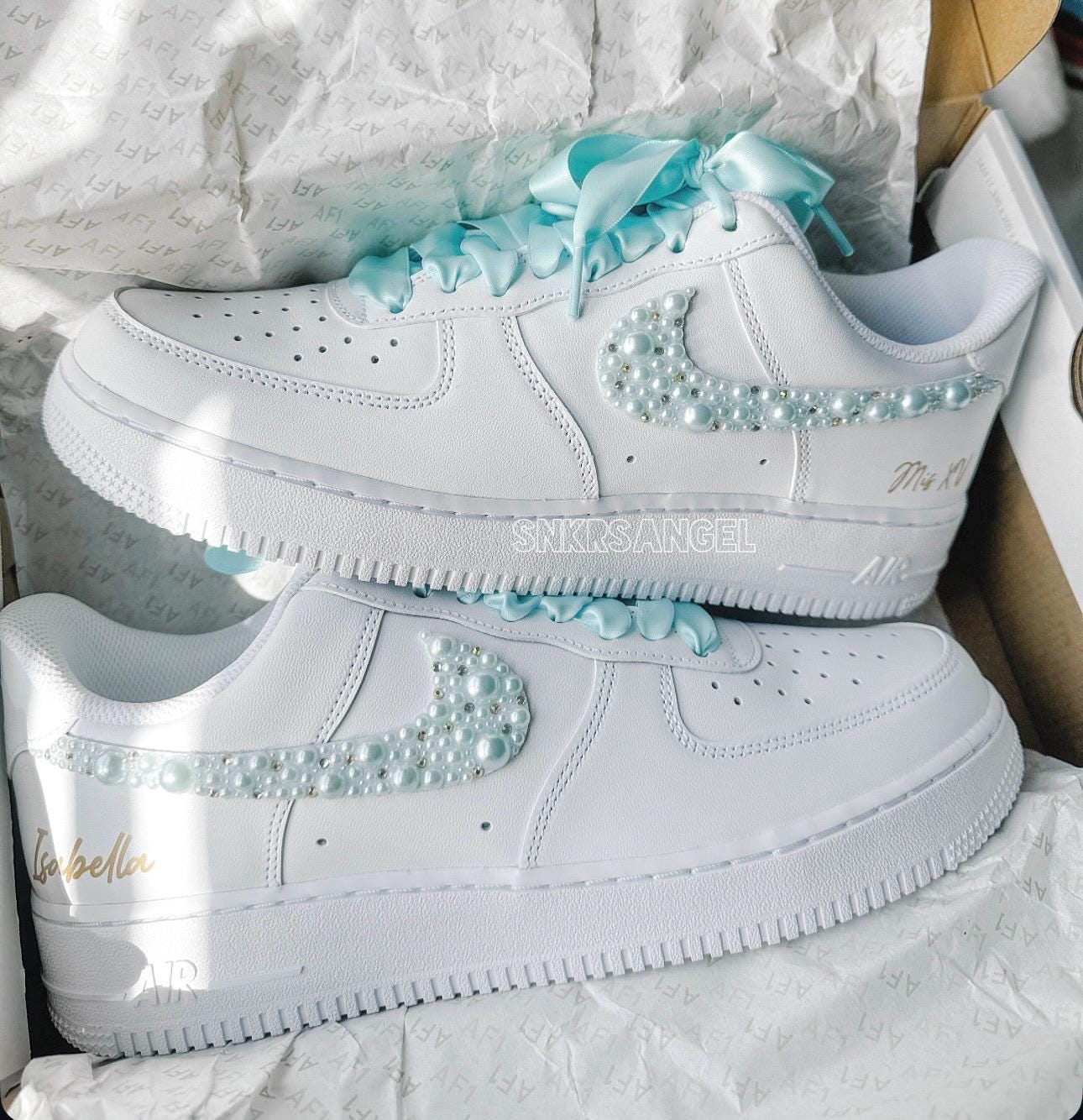 Bridal Nike AF1 – Baby Blue Pearl & Gold Crystal Shoes