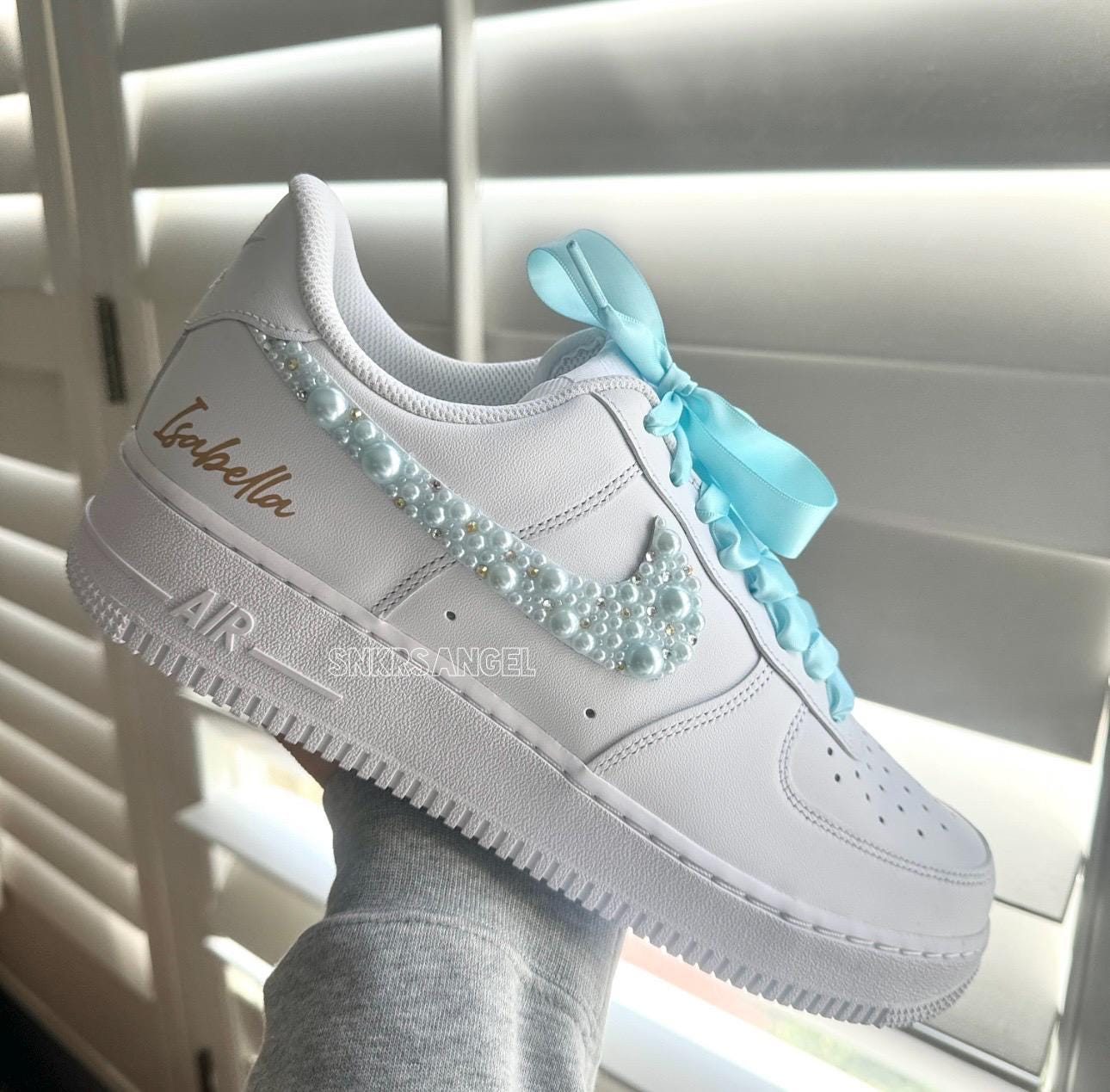 Bridal Nike AF1 – Baby Blue Pearl & Gold Crystal Shoes