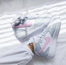 Load image into Gallery viewer, Custom nike air force 1 mid light grey baby pink
