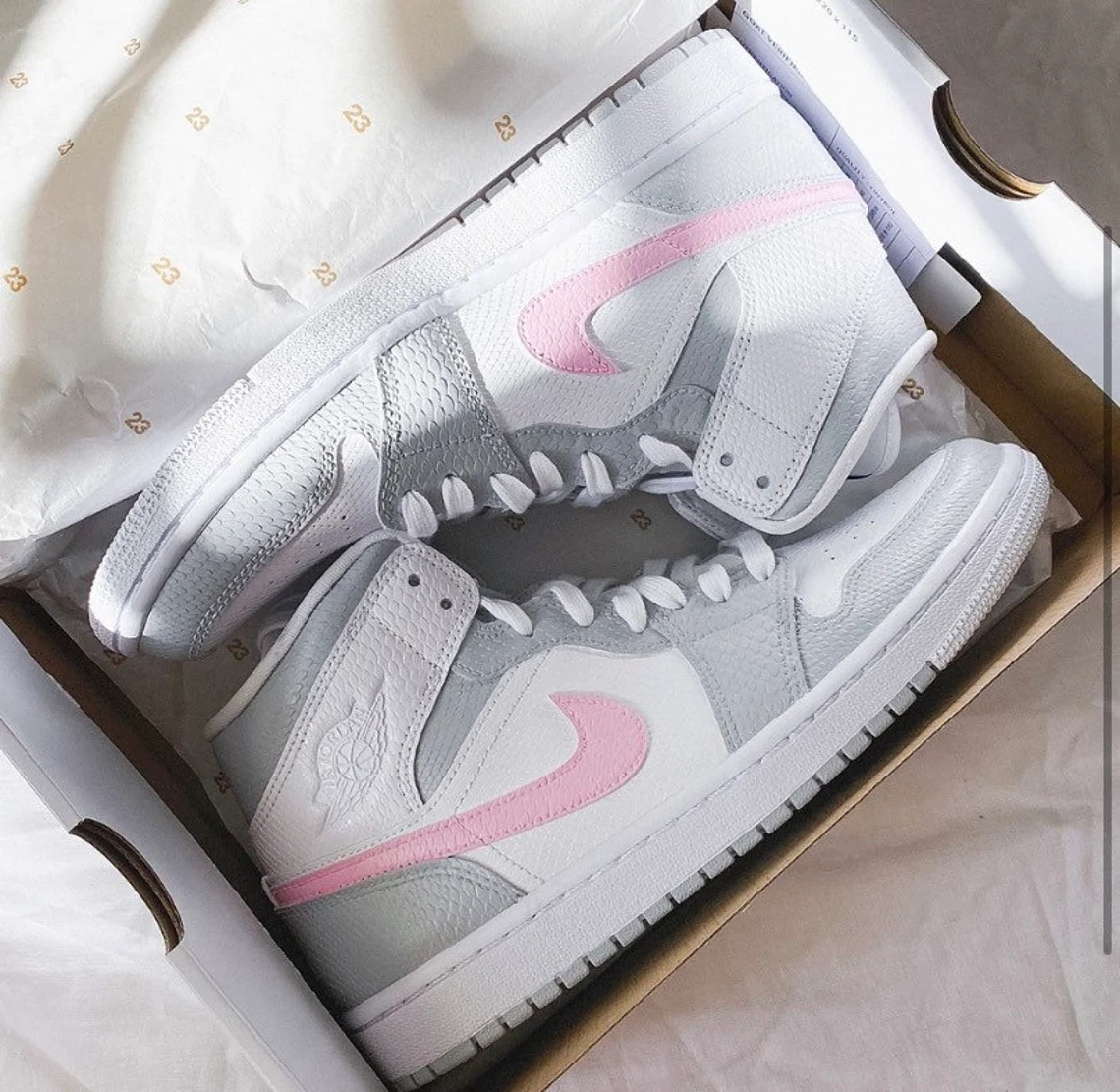 Baby pink swoosh grey custom air jordan 1 mid sneakers