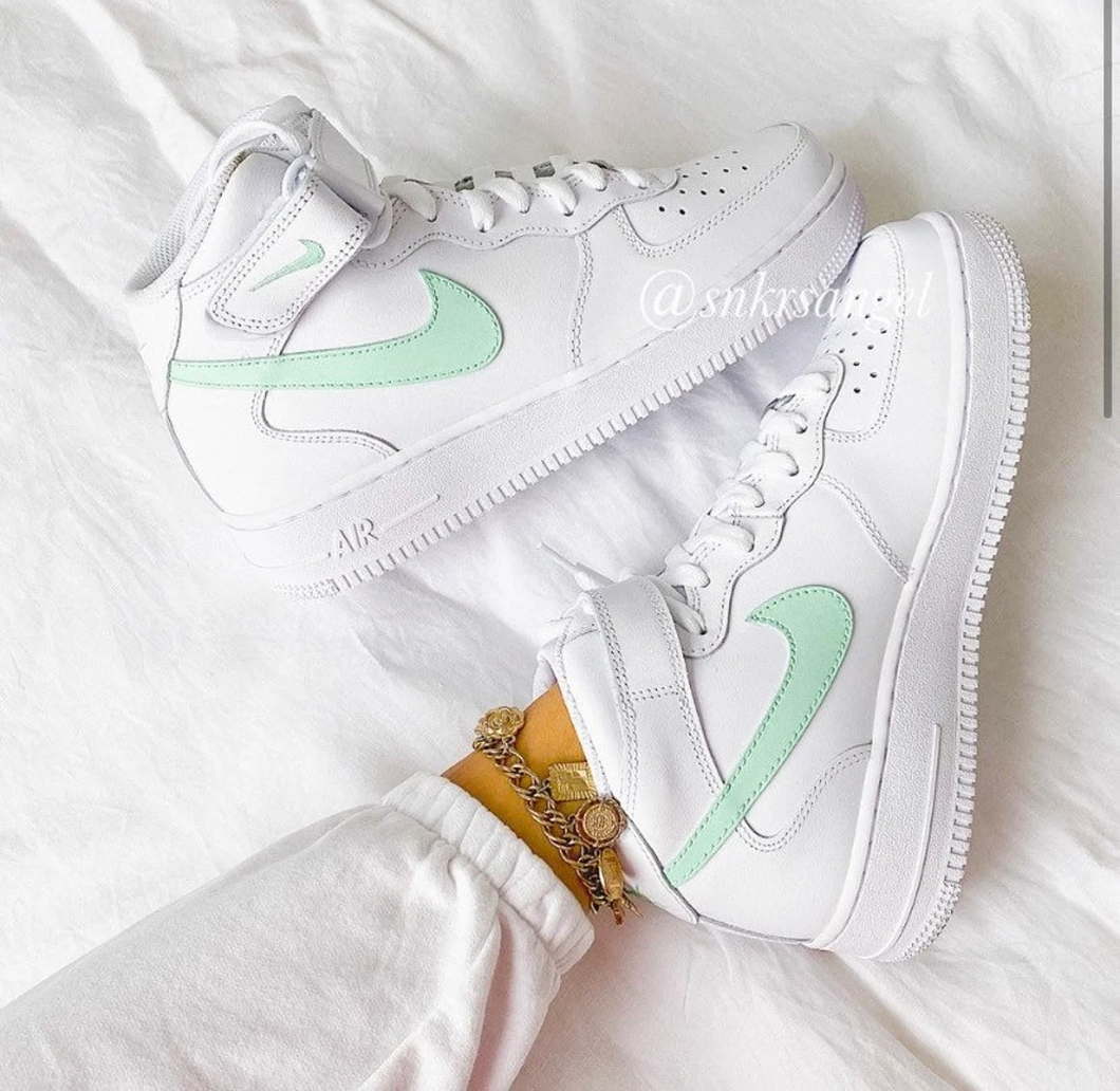 Custom Nike Air Force 1 mid sneakers (White and Mint)