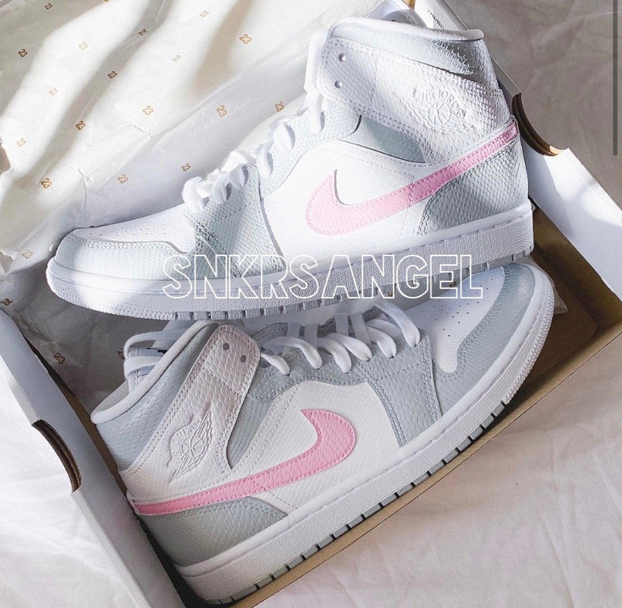 Baby pink swoosh grey custom air jordan 1 mid sneakers